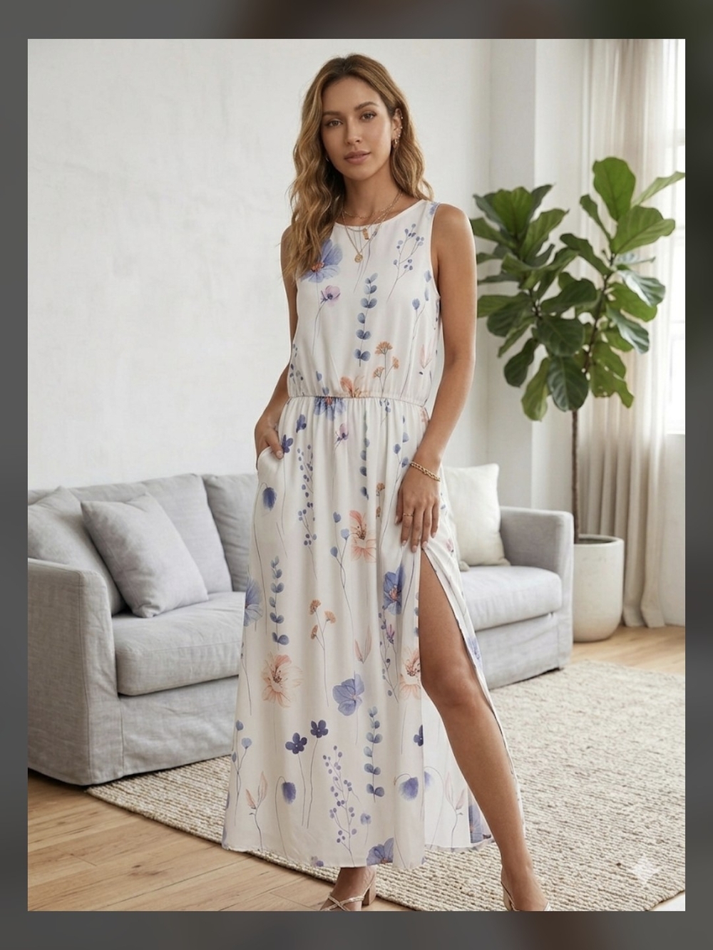 Women’s Floral Maxi Dress - White with Blue & Pink Print